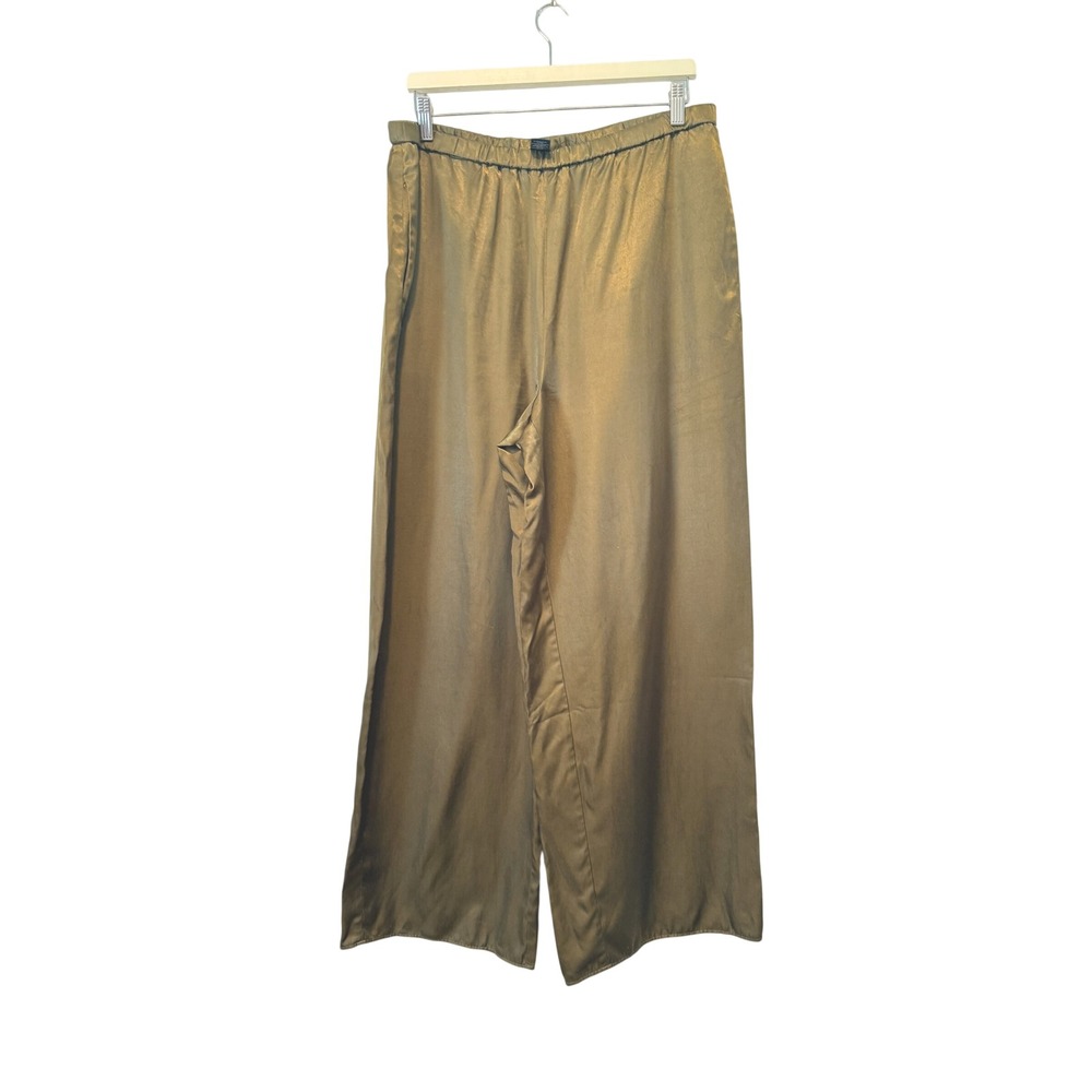 Christian Lacroix Womens Silky Wide Leg Elastic Waist Pants Olive Bronze Satin